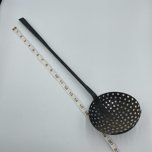 Antique Wrought Iron Turned Handle Ladle Skimmer Strainer & Hearth Cooking Fork - Picture 9 of 12